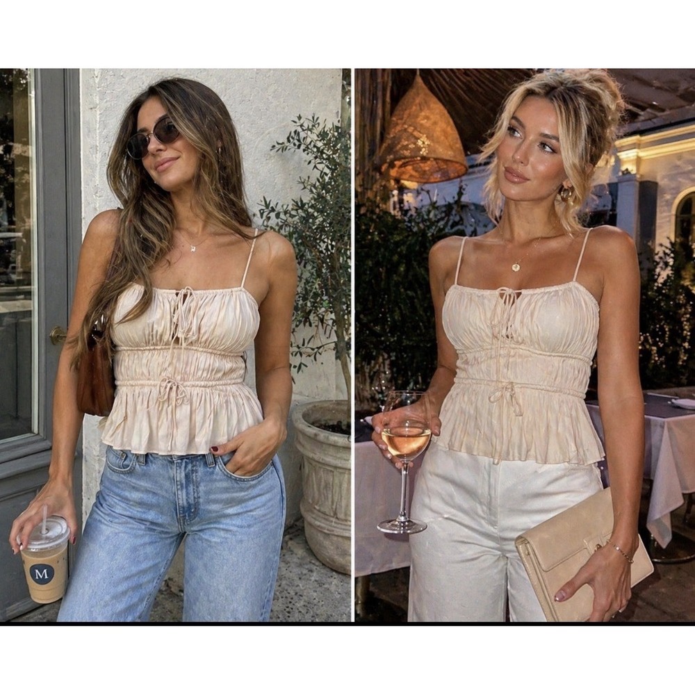 Rachel Zoe cream shimmer Smocked Cami top ruffle peplum Spaghetti Strap Blouse